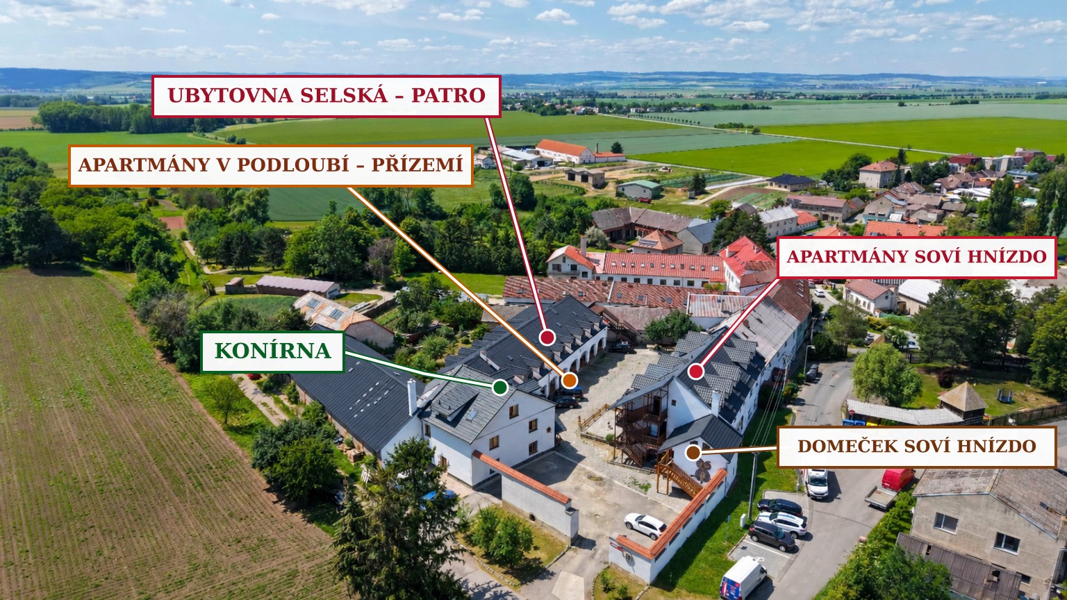 Mapa Moravského Gruntu: Penzion Konírna vlevo, Apartmány v podloubí v přízemí a Ubytovna Selská v patře prostřední budovy, Penzion Soví hnízdo a Domeček Soví hnízdo vpravo.